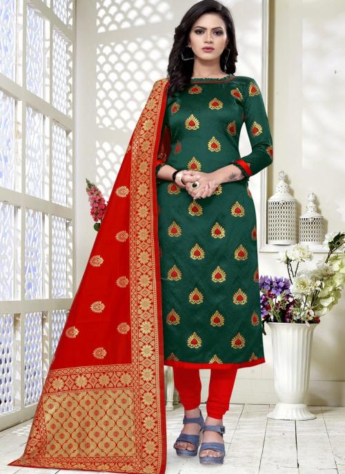 Green Red Banarasi Silk Festival Wear Weaving Churidar Suit